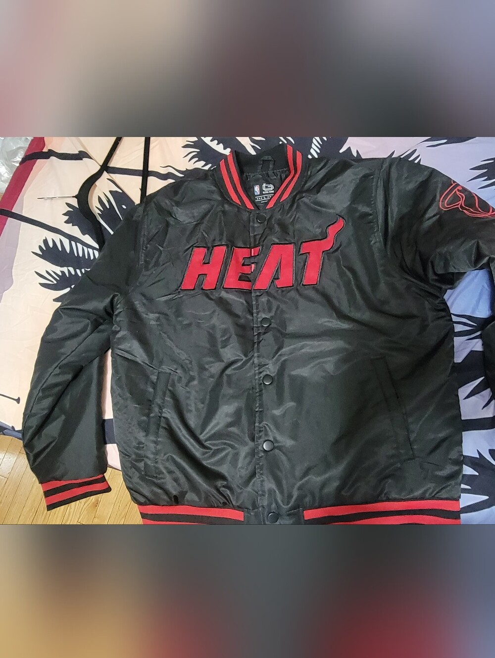 NBA Miami Heat Black and Red Satin Bomber Jacket Size L